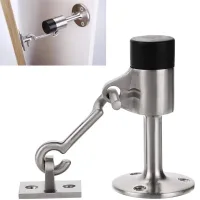 1 pieza, tope de puerta montado en la pared con gancho, topes de puerta de acero inoxidable con tapón de goma, plateado