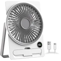 Ventilador de mesa recargable por usb con pantalla lcd, diseño ultrafino, ideal para acampar, viajar y usar en interiores, color blanco.
