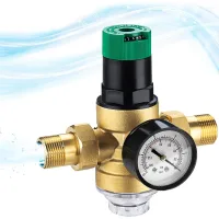 Reductor de presión de agua ajustable de 3/4 de pulgada con manómetro, ideal para riego y calefacción a gas.