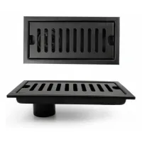 Sumidero rectangular de 20 x 10 cm, negro con rejilla de acero inoxidable, apto para aseos, baños, cocinas y balcones.