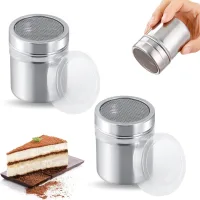 Lote de 2 azucareros de acero inoxidable con tamizador de cacao fresco para cacao, capuchino, café, chocolate, azúcar, sal
