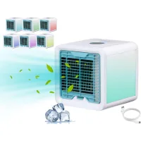 Pequeño enfriador de aire - aire acondicionado portátil, humidificador, purificador con luz led de 7 colores (gris y blanco)