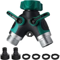 Grifo de jardín bidireccional - distribuidor de manguera con dos válvulas independientes, conector de 3/4, caudal ajustable, adaptador para riego