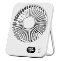 Mini ventilador de escritorio portátil, 5 velocidades, motor sin escobillas, funcionamiento silencioso, inclinación de 180°, color blanco.