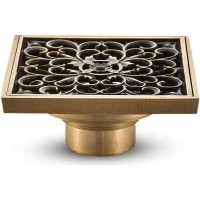 Desagüe de piso de baño en latón - desagüe de ducha cuadrado antiguo único con flor tallada para inodoro jardín 10 10 cm