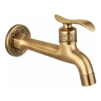 Grifo antiguo de latón con manija, grifo de pared para lavadora en lavandería o baño, grifo individual de agua fría para manguera de jardín exterior