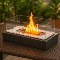 Nettlife chimenea bioetanol mesa rectangular 35x18x15cm acero negro, piedras, quemador 250ml