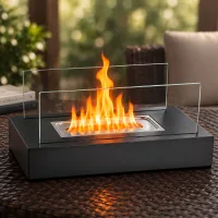 Nettlife chimenea bioetanol mesa rectangular 35x18x15 cm acero negro, quemador 250 ml, sin conducto, interior/exterior