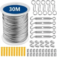 Cable de acero, completo con gancho, argolla y fijaciones de acero inoxidable, para cuerda de tienda de campaña, tendedero e iluminación exterior.