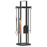Kit de limpieza de chimenea (5 piezas), accesorios para chimenea, escoba, pala, pinzas, soporte para cartas (metal negro)