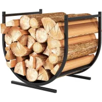 Servidor de chimenea manto de chimenea robusto y curvado, marco de troncos, marco de metal, 43 x 33 x 38 cm, negro, para uso interior y exterior