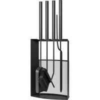 Juego de limpiador de chimenea, juego de deshollinador de metal de 5 piezas, pinzas y soporte 28 x 13 x 59, 5 cm, negro