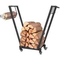 Porta leños interior para chimenea, con ganchos laterales y ruedas, carga máxima 50 kg, 79 x 30 x 81 cm, metal negro