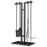 Servidor de chimenea set de deshollinador (5 piezas): herramientas de chimenea, metal, escoba, pala, pinzas, cartas y soporte, negro