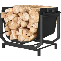 Servidor de chimenea un marco de madera maciza con bolsa tote y asa interior, de metal robusto, 53 x 33 x 43 cm, negro