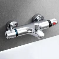 Mezclador de ducha termostático, grifo de ducha termostático con botón de seguridad de 38 °c, mezclador de ducha termostático con 2 salidas de agua