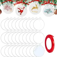 (7,6 cm) 30 bolas navideñas redondas de acrílico transparente con forma de hoja y cinta, bolas planas para manualidades, discos acrílicos transparente