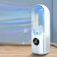 Ventilador sin aspas (blanco), silencioso, para dormitorio, 6 velocidades, control táctil, humidificación, temporizador de 6 horas, ideal para oficina