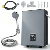 Calentador de agua eléctrico instantáneo de 5500 w, 30 a 55 ℃, pantalla led de temperatura y cabezal de ducha, color gris oscuro.