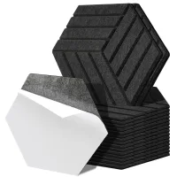 18 placas acústicas negras de pared, diseño lineal, fieltro poliéster, hexágono adhesivo, lado 15 cm