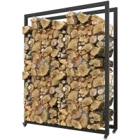 Leñero móvil para interior y exterior, de acero, con capacidad de 0,43 m³, 120 x 32 x 151 cm, color negro.