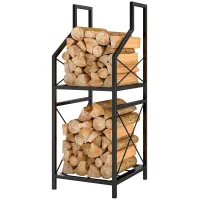 Leñero metálico de 2 niveles con base elevada, 34 x 30 x 80 cm, negro.