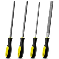 Juego de 4 limas de metal de 200 mm, lima plana, redonda, media caña y triangular, acero tratado, mango de goma ergonómico antideslizante..