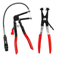 Pinza para abrazaderas de manguera, juego de 2, cable flexible de 65 cm, bloqueo con trinquete, acero cromo-vanadio, mangos de pvc, rojo y negro..