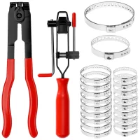 Alicates para abrazaderas con 20 abrazaderas de acero inoxidable 304, rango 25-42 mm y 70-120 mm, acero aleado, mangos de goma antideslizantes..