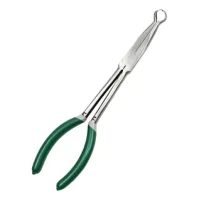 Alicate de punta larga acodado, extractor de conector de bujía, acero aleado, mango de vinilo antideslizante, verde, 1 unidad..