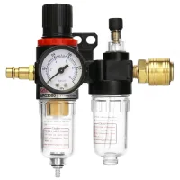 Regulador de presión para compresor de 1/4 con separador de agua-aceite y manómetro, latón macizo, 10 bares, 2 conectores rápidos macho de 1/4..