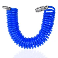 Manguera de aire comprimido en espiral 6 m, pu, diámetro exterior 8 mm, interior 5 mm, conector rápido 1/4, 10 bares, azul..