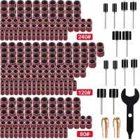 Juego de 345 piezas para lijado de tambor, 330 bandas de óxido de aluminio, grano 80/120/240, diámetros 1/2, 3/8 y 1/4 pulgada, 12 mandriles y1llave..