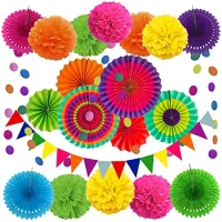 Kit decoración de fiesta multicolor 21 piezas: pompones de papel, abanicos de papel, guirnaldas, banderines triangulares - cumpleaños,fiesta,-carnava.