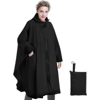 Capa impermeable reutilizable unisex (negra) - con capucha y cremallera - ideal para senderismo, acampada y ciclismo