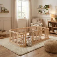Parque modular madera natural 140x200 cm, barrotes 7 cm, bordes redondeados, anti-pellizco, multi-escena, hogar mascota