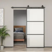 Puerta corredera de vidrio esmerilado con riel y kit de instalación, mecanismo soft-close, acero negro, montaje fácil