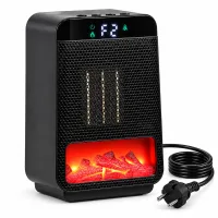 Calefactor cerámico ptc 1000 w portátil de escritorio, 2 niveles de calor con llama 3d, pantalla digital temporizador 1-8 h, protección antivuelco