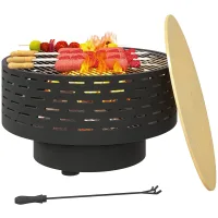 Brasero 3en1 ø60x39 cm, pozo fuego, rejilla inox, atizador, protector chispas, efecto madera, gris antracita