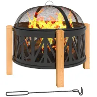 Brasero 2en1 ø75x58 cm, pozo fuego, protector chispas, atizador, rejilla, negro, jardín