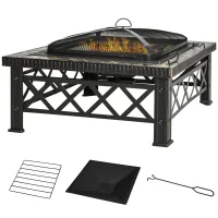 Brasero 3en1 cesta fuego, pozo fuego, protector chispas, rejilla, cubo hielo, jardín bbq, negro 76x76x47 cm