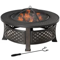 Brasero con atizador, protector chispas, cesta fuego, mesa fuego redonda, pozo fuego jardín camping bbq acero negro 81x81x50 cm
