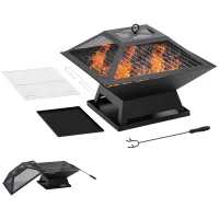 Brasero inox 45x45x34 cm, pozo fuego, protector chispas, atizador, cesta fuego, jardín balcón bbq camping negro