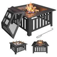 Brasero acero, pozo fuego, protector chispas, atizador, exterior bbq camping 67x67x47 cm, negro