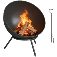 Brasero ajustable 60x53x66 cm, pozo fuego, atizador, rejilla carbón, soporte, negro, exterior
