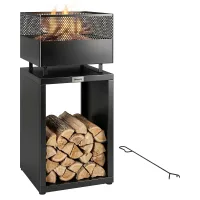Brasero 39x39x87 cm, pozo fuego, almacén leña, rejilla carbón, patas ajustables, negro