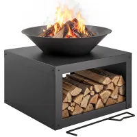 Brasero ø59 cm, pozo fuego, soporte leña, atizador, leña & carbón, redondo, negro, jardín