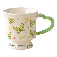 Taza alta de cerámica de 500 ml resistente a altas temperaturas, pintada a mano, utensilio refinado para beber en el hogar - verde