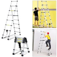 Escalera telescópica de aluminio 2,0 m + 2,3 m escalera deslizante estable con barra de pesaje escalera de mano hasta 150 kg plata