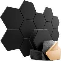 Paneles autoadhesivos fonoabsorbentes de 12 piezas – 36 cm de diámetro – elegante diseño hexagonal – ignífugos – (negro)